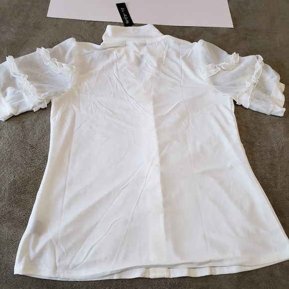 Elie Mccarthy white Top with Ruffle Sleeve and shiny unfunctional buttons Size M - Picture 2 of 16
